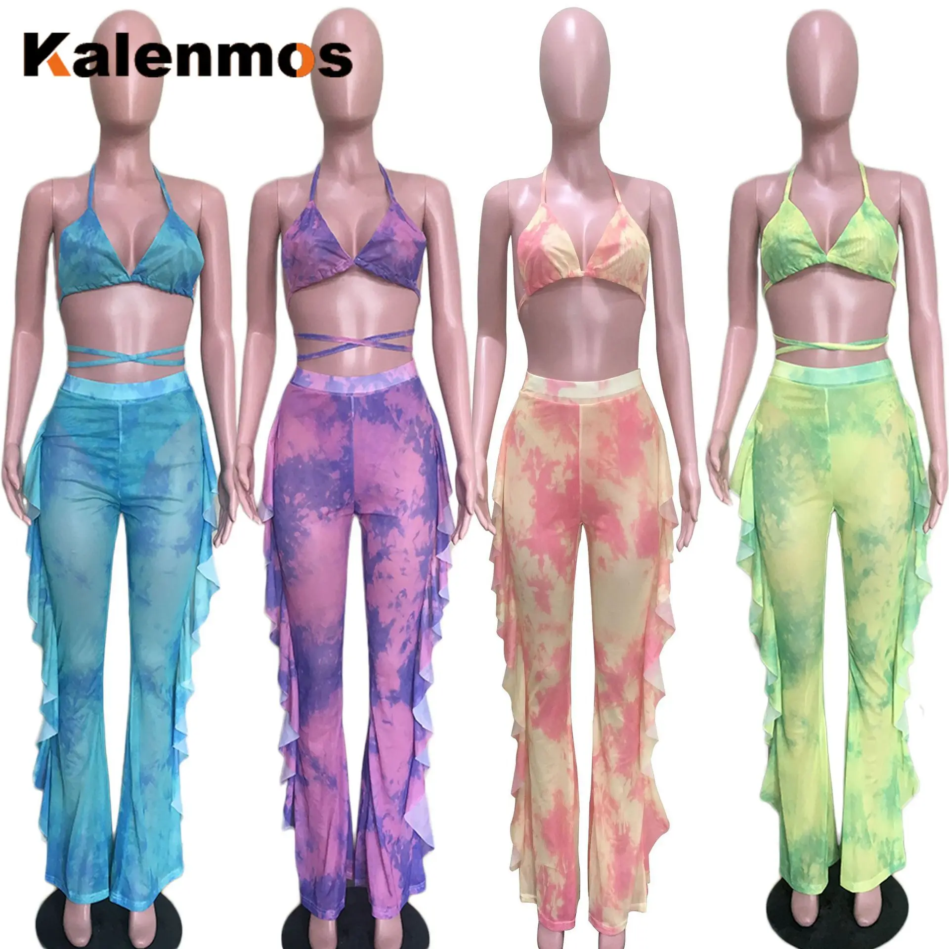 

KALENMOS Women Summer Tie Dye Print Halter V-neck Top Ruffles Splicing Pants Suit 2 Piece Set Beach Tracksuit Outfits Streetwear