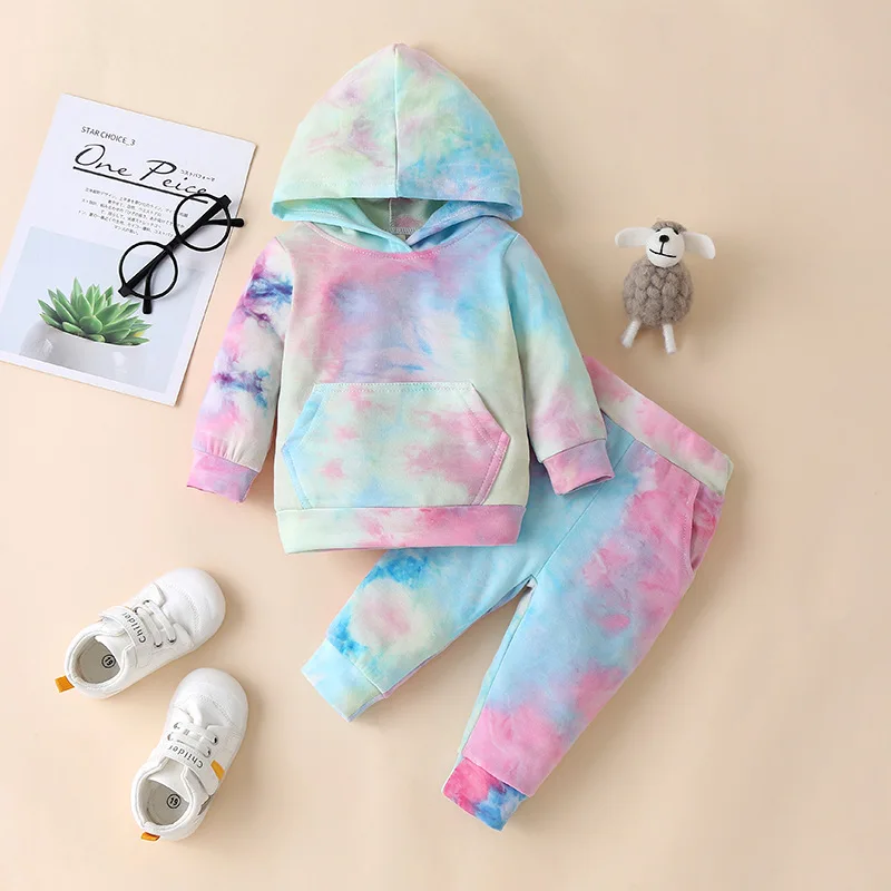 

2021 New Children's Sweater Tie-dye Two-piece Clothing Suit Boys Long Sleeve Autumn Hooded Clothes Kids Clothes Girls Outwear