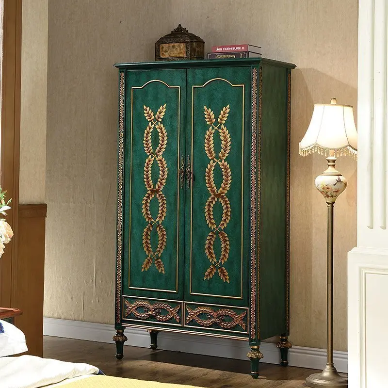 

TT American Solid Wood Wardrobe Household Bedroom Peacock Green Single Door Two Door Wardrobe European Style Locker Overall