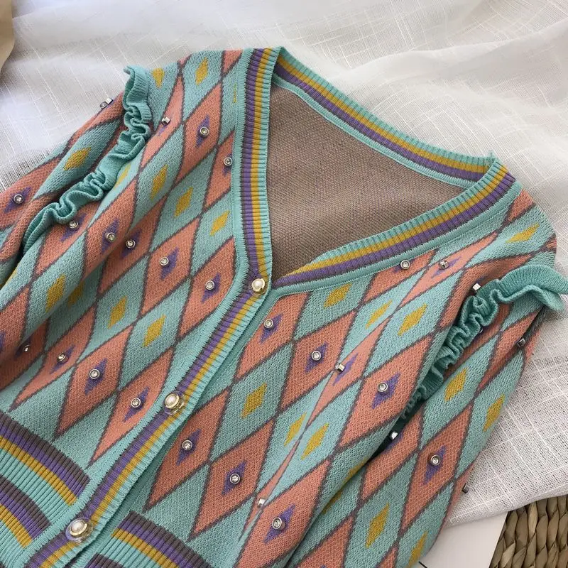 

Vintage Contrast Color Rhombus Pattern V-neck Knitted Cardigan 2021 Summer Women's Short Sleeve Ruffled Short Top Coat