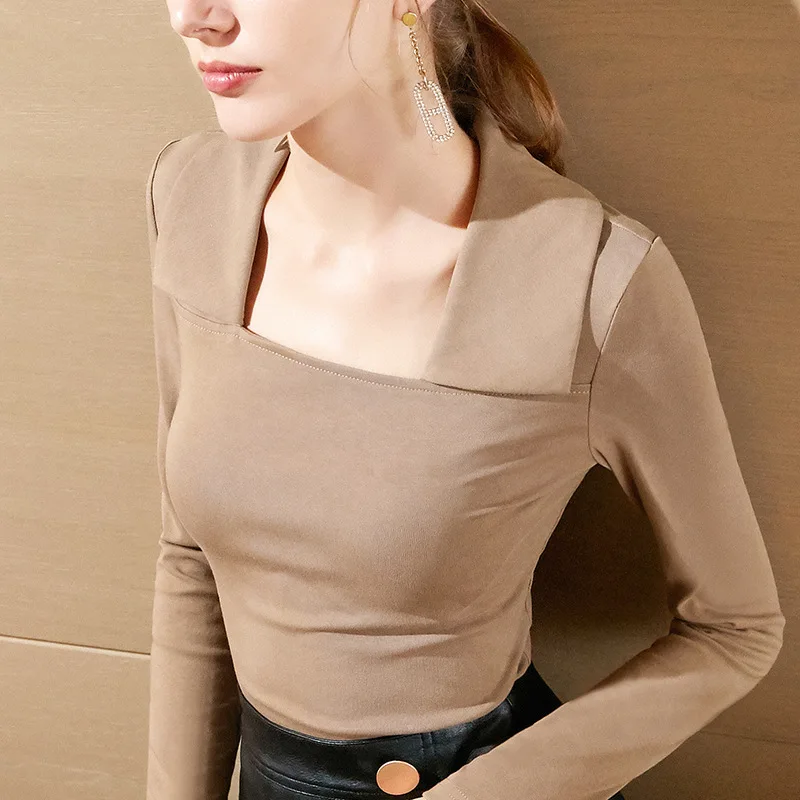 

IZEVUS 2019 Elegant Womens Tops Square Neck Long Sleeve Slim Fit Shirt Spring Plain Cotton Vintage Blouses