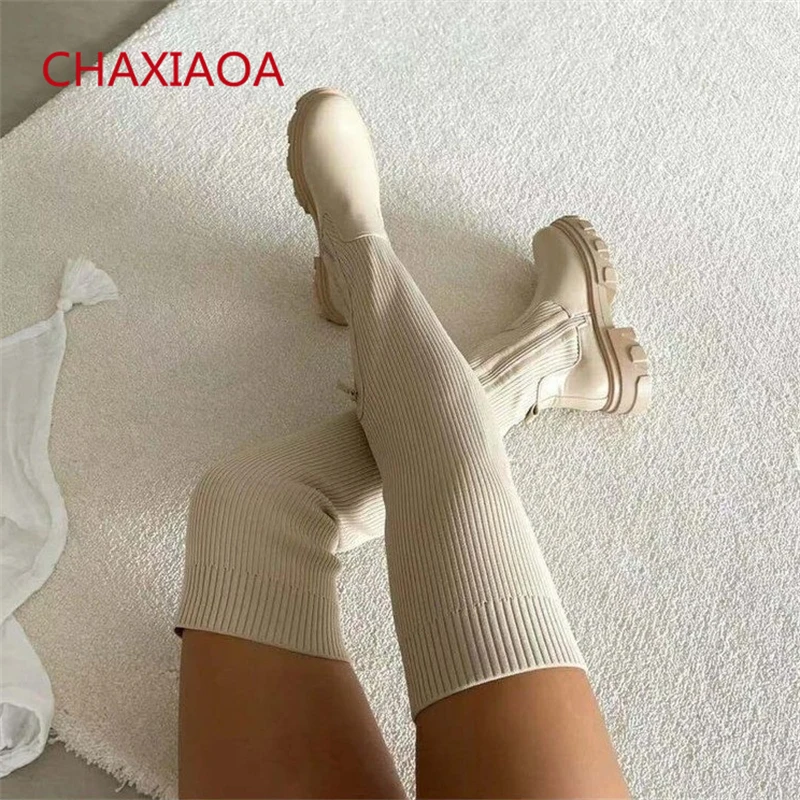 

2021 Winter New Women Thigh High Socks Knitted Stretch Side Zipper Ladies Runway Casual Shoes for Woman Over The Knee Flat Botas