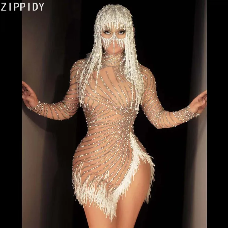 Белый кисточкой Серебряные Камни жемчуг спандекс платье для празднования дня