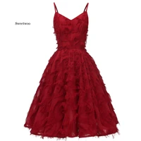womens mini length dress sleeveless patctwork v neck feathers pleated dresses sexy dress party ladies