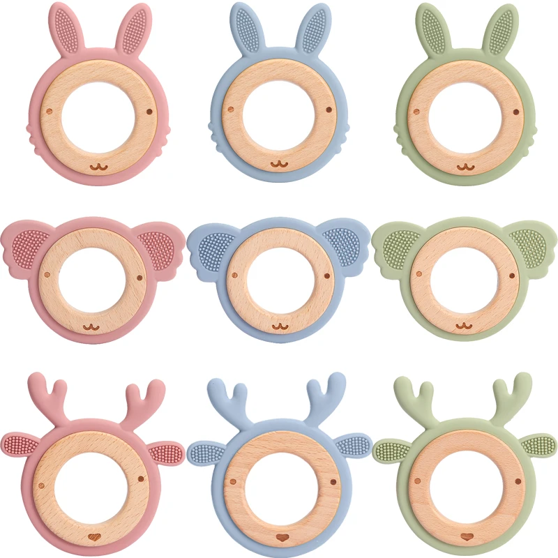 

Baby Silicone Teether Toys Round Beech Wooden Ring Christmas BPA Free Teeth Tiny Rod Rattle Stroller Teething Toy Toddler Gifts