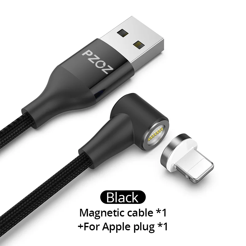 Black 1m For Apple Магнитный кабель PZOZ 90 градусов usb c Micro usb type C для быстрой зарядки, магнитное зарядное устройство Microusb type-C для iphone Xs MAX xiaomi usb-c - Цвет: Black 1m For Apple