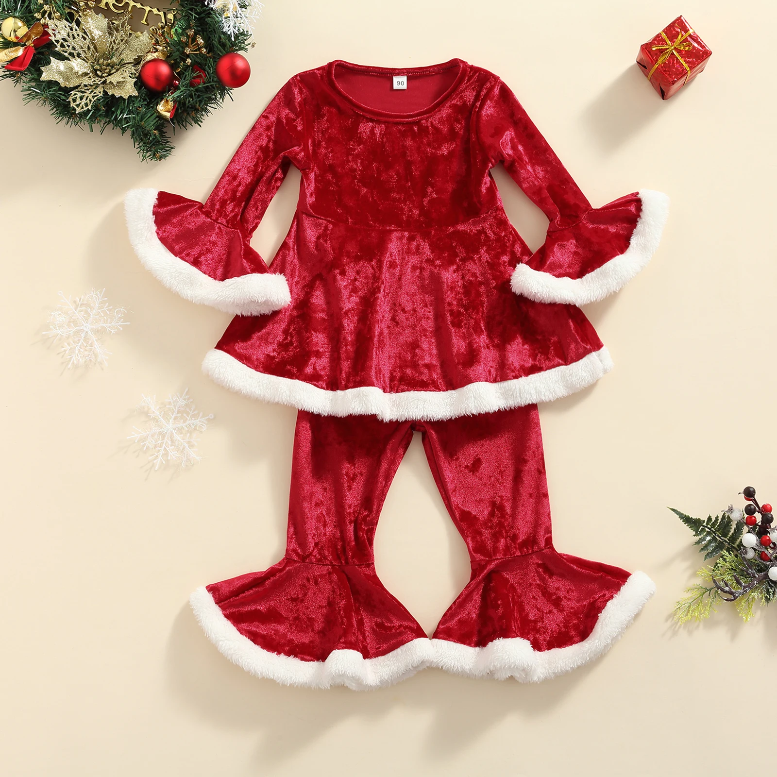 

2 Pieces Kids Girls Clothes Set Christmas Round Neck Long Sleeve Tops Flared Trousers for Spring Fall 18 Months-6 Years