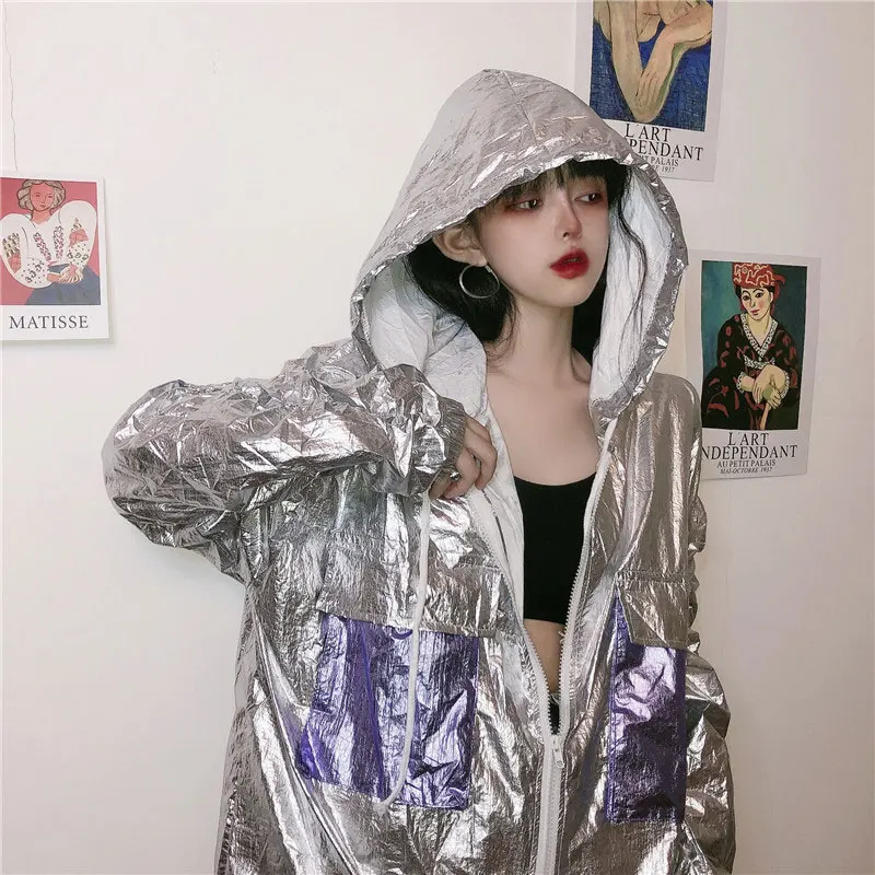 Летний жакет Для женщин Лазерная Глянцевая с капюшоном куртка из ткани защитой