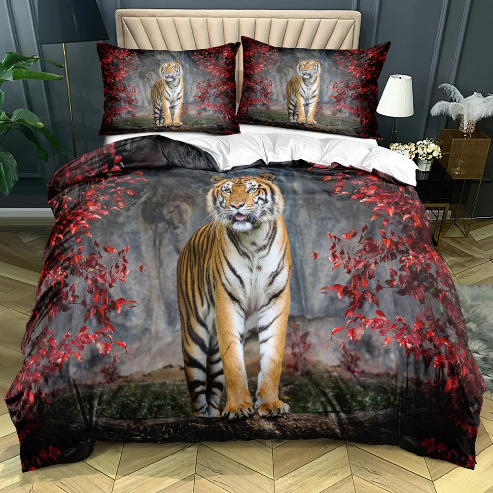 

Red Leaves Luxury Tiger Bed Linen Quilt/Blanket Cover Set Twin Queen King Size 245x210cm Bedding Set Home Textile Custom Design