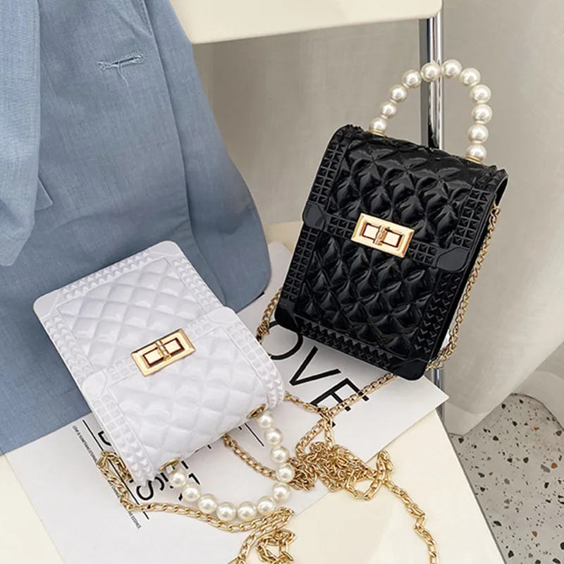 

2021 New Fashion Women PVC Jelly Chain Bags Rhombic Lady Shoulder Crossbody Bag Girl Mini Solid Color Pearl Small Square Handbag