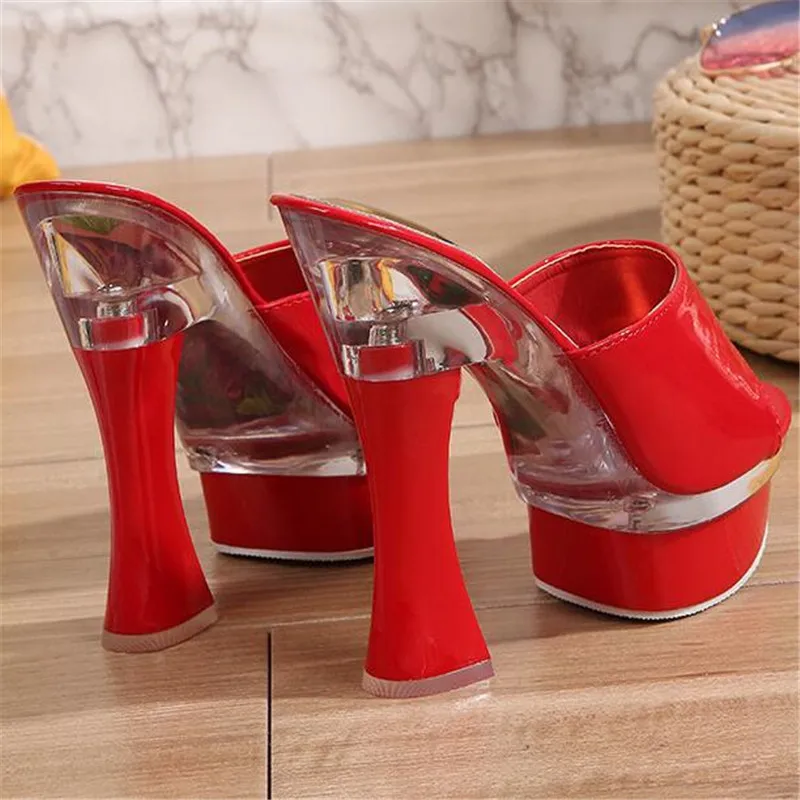 

Women Slippers Sexy High Heel 14CM Mules Peep Toe Platform Ladies Slides Leather Outdoor Slippers Wedding Banquet Nightclub Pump