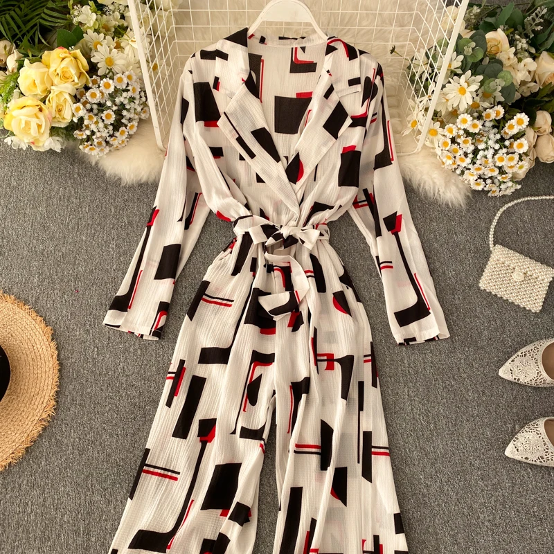 SINGRAIN женские шифоновые Комбинезоны с принтом весенний винтажный Блейзер длинные