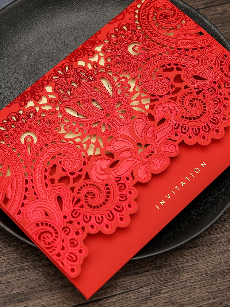 Пригласительные открытки на свадьбу 50 шт. красное/золотое элегантные с Цветочным