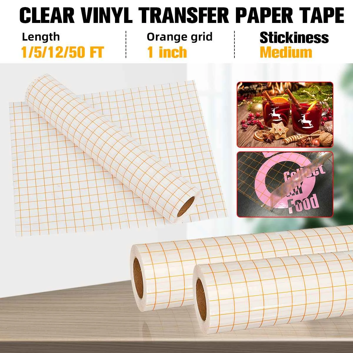 

1/5/12/50Ft DIY Clear Vinyl Application Tape w/Orange Alignment Grids for Car Wall Craft Art Decal Transfer Paper Tape Adhesive