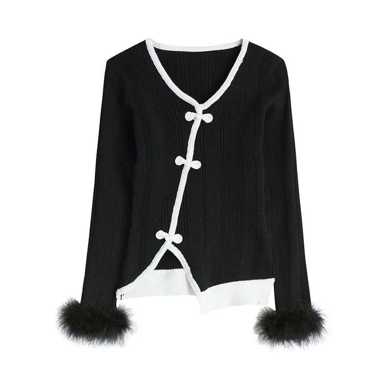 

Contrasting Color Plush Sleeves Chinese Disc Button Oblique Placket Knitted Slim-fit Women's Sweater Long Sleeve Top Split Fork
