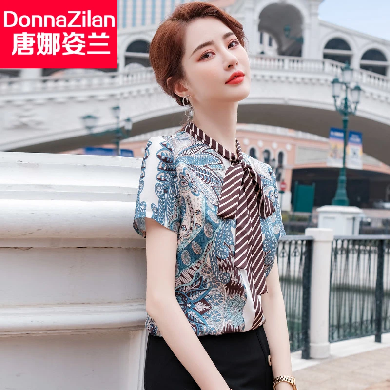 

Printed Short-Sleeved Shirt Women's Design Sense Niche 2021 Spring and Summer New Fashion Bowknot Western Style Chiffon Flower