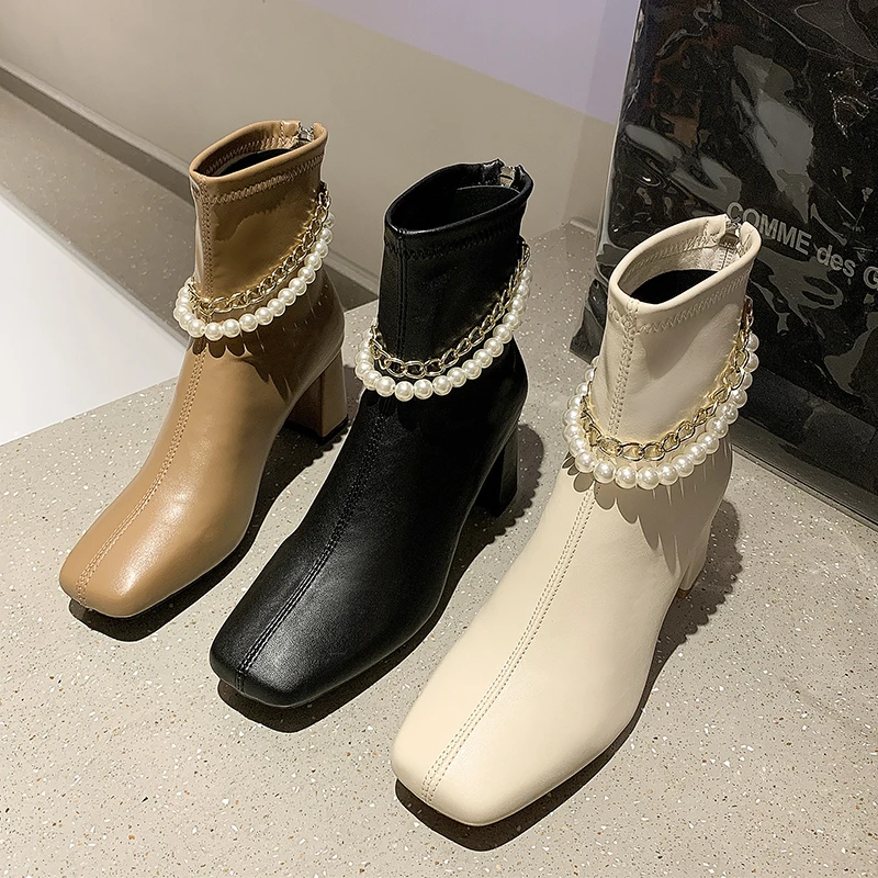 

2021 Pearl Chain Women's Ankle Boots Black White Thick Heel High Heels Femmes Bottes Mid-Tube Boots Women's Party Prom Shoes