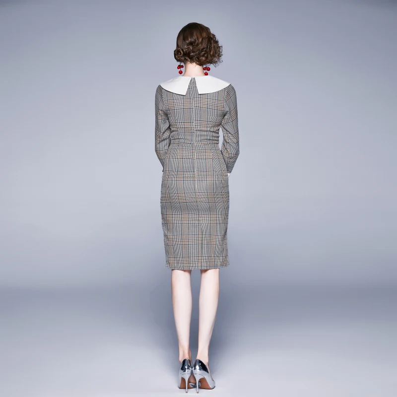 

Womens Autumn Designer Elegant Vintage Button Bow Patchwork Plaid Work Business Office Party Bodycon Pencil Dress Big Size 3XL