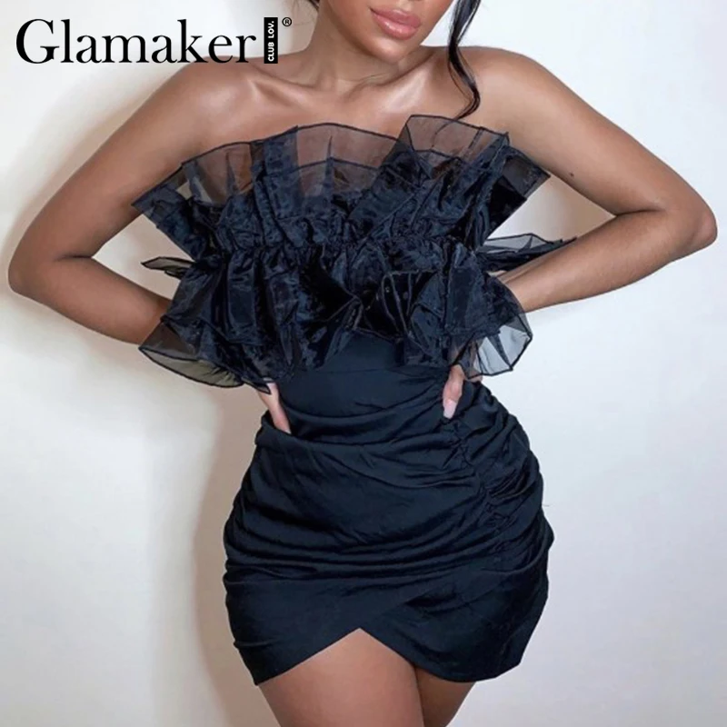 Сексуальное клубное мини платье Glamaker с открытыми плечами Сетчатое