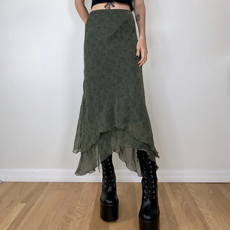 

hirigin Grunge Vintage Green Midi Skirts 2000s Elegant Ladies High Waist Ruffles Chiffon Skirt Women Streetwear Fairycore y2k