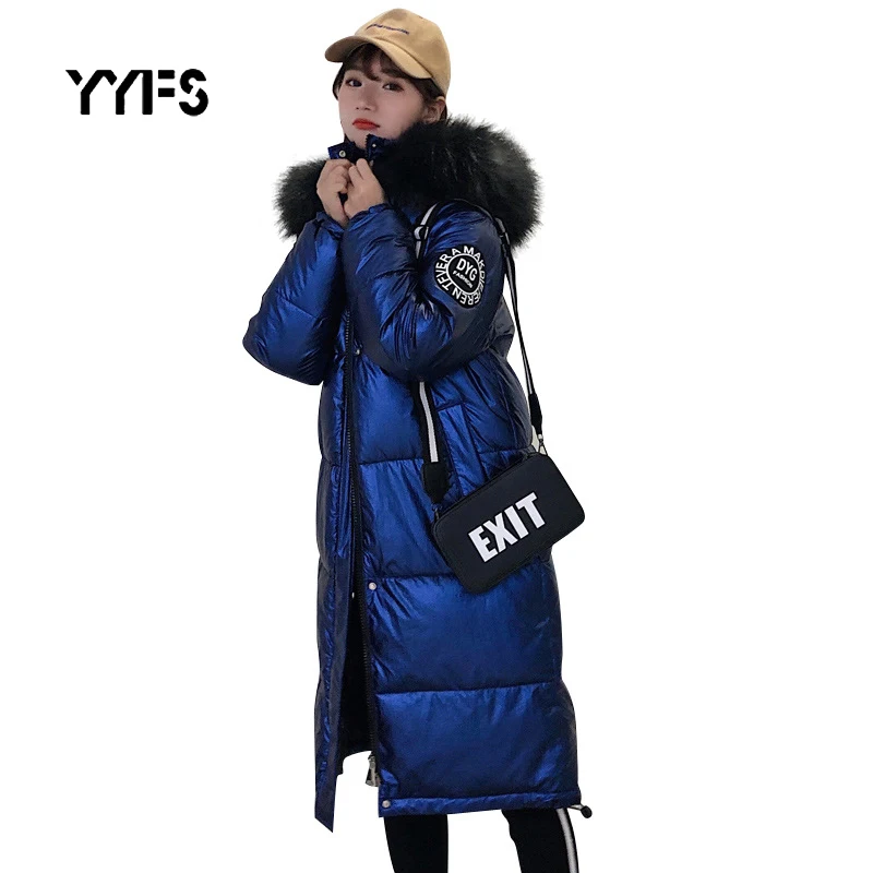 Глянцевая зимняя женская куртка 2019 Повседневная Длинная парка плотное хлопковое