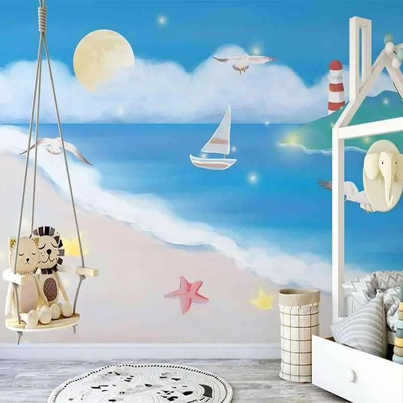

Custom Any Size Mural Wallpaper Nordic Ins Hand Painted Ocean Clouds Seagull Children's Room Background Wall Papel De Parede 3D