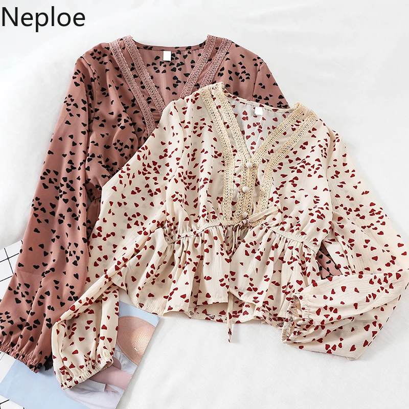 Neploe винтажный принт Женские топы и блузки 2019 корейский стиль v образный вырез