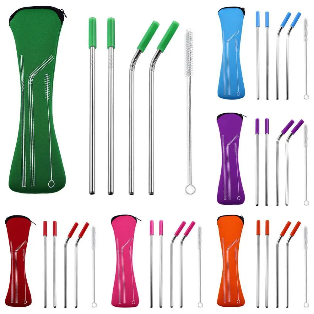 

50%HOT4Pcs Reusable Silicone Tips Cover Stainless Steel Straight Bent Drinking Straws