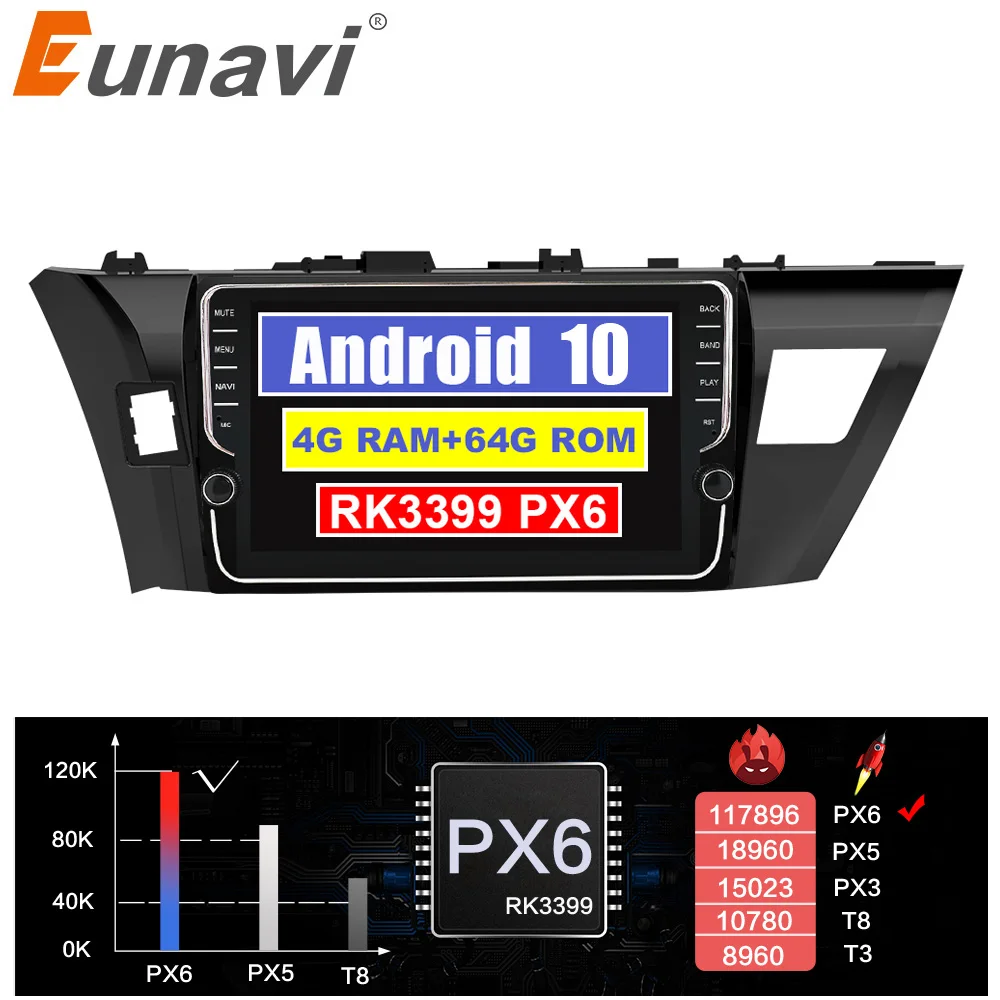 Автомагнитола Eunavi 4 + 64 ГБ 8 ядер android 9 0 для Toyota Corolla E180 2013 2016 мультимедийный