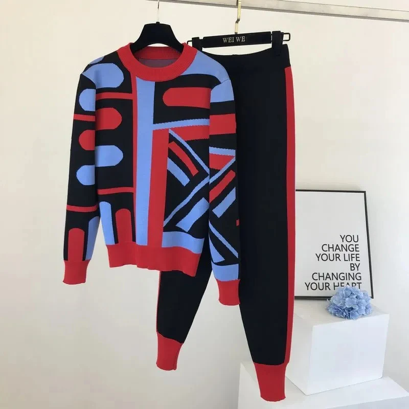 

knitwear sweater + stripe harem pants Fashion contrast color camouflage printed knitted 2 peice set women autumn winter suit