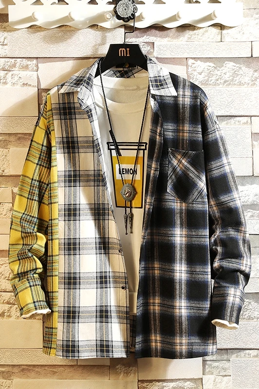 

2020 new personality patchwork red plaid shirt men's street casual hip hop long-sleeved shirt men's loose shirt large size M-5XL