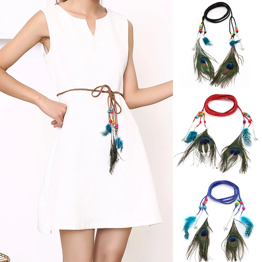 Женский пояс в богемном стиле плетеный с павлиньими перьями и бахромой для