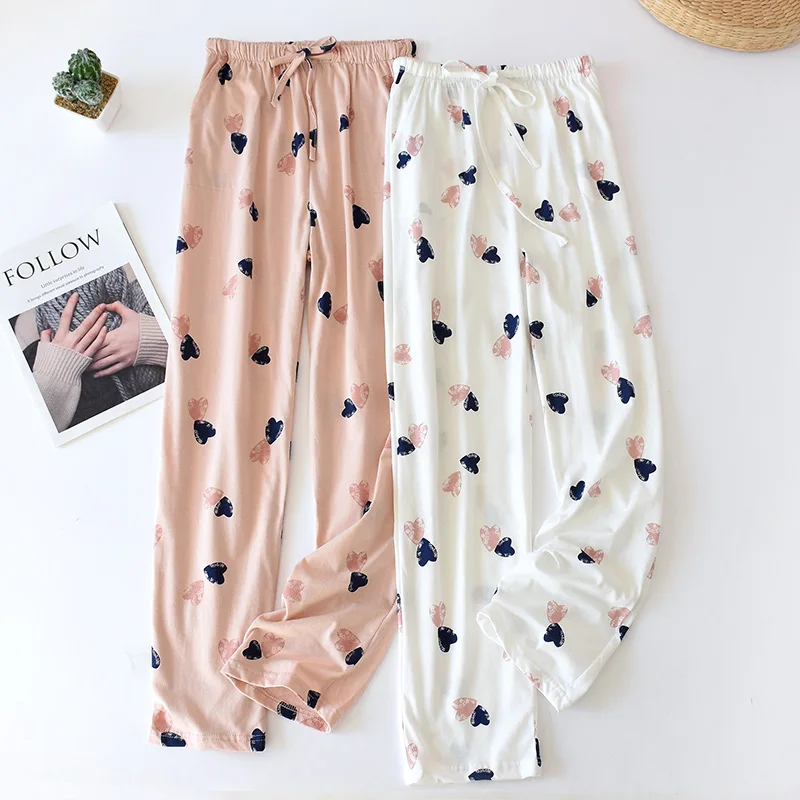 

Japanese pajamas bottoms women's cotton spring and autumn trousers cotton knitted cotton home pants loose large size trousers