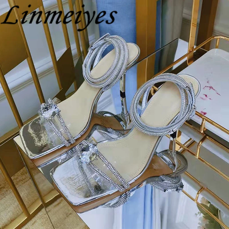 

New Gladiator Sandals Women Sexy Thin Heel 8.5 CM Crystal Bowknot Square Toe Party Pumps Shoes Ladies Heel High Sandals Woman