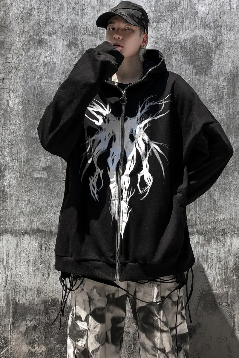 

Popular Brand Dark Hip-hop Sweater Men's Hooded National Trends Loose BF Lazy Zipper Cardigan Jacket 2020 Autumn Winter Women