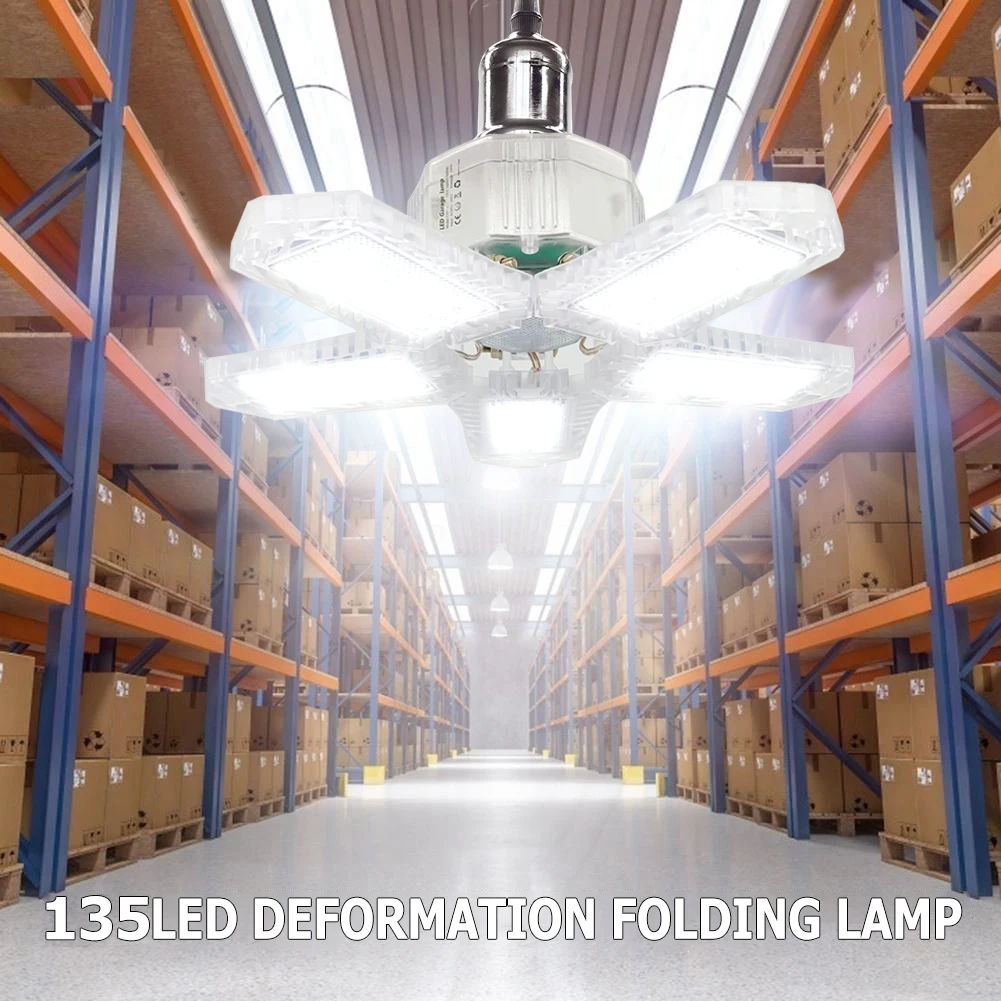 

100W 135LED Deformable Garage Lamp E27 Foldable Adjustable Panels Ceiling Lights Waterproof Workshop Industrial Barn Lighting