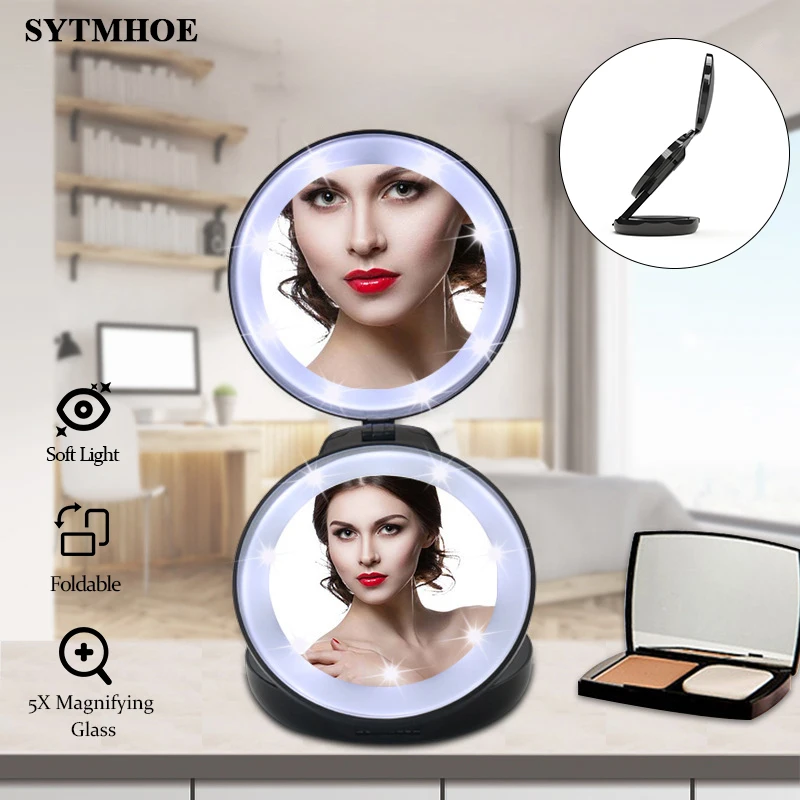 

Lady Tri Fold Portable Light Up Pocket Mirror Led Makeup Lamp 5X Magnifying Mirror Make Up Led Sytmhoe for Shopping Working