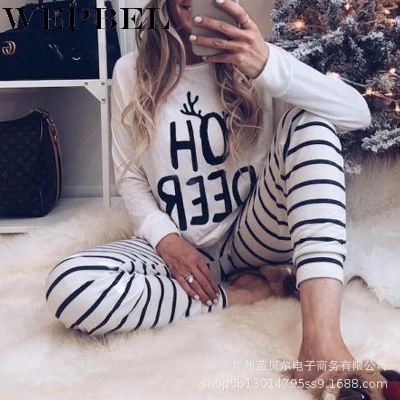 

WEPBEL Women Spring Autumn Tracksuit Ladies Elk Letter Print Sweatshirt Top Stripe Drawstring Pants Two Pcs Set Homewear Outfits