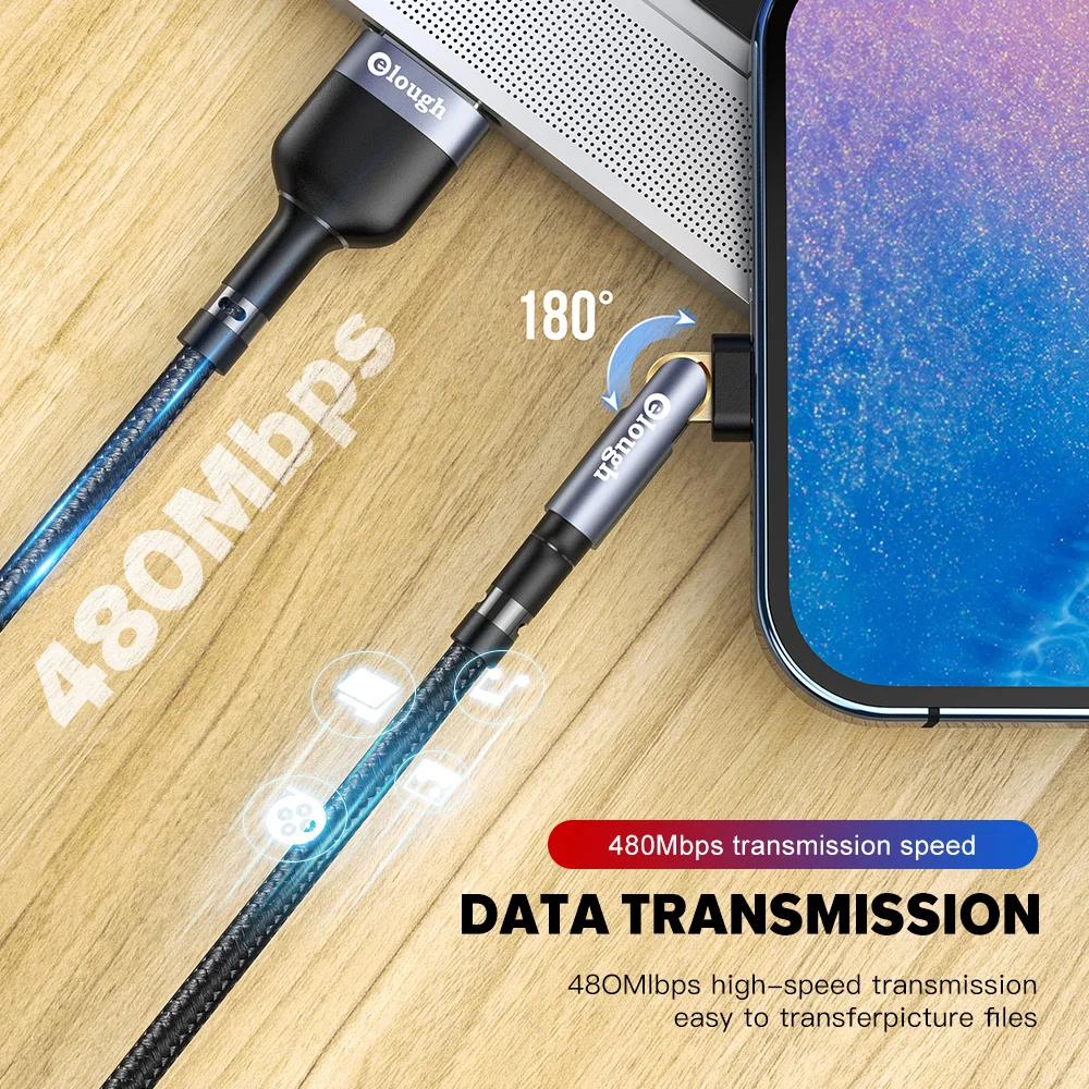 Вращающийся USB-кабель Elough типа C для Huawei Xiaomi Poco 3A быстрая зарядка стандарта USB Type-C