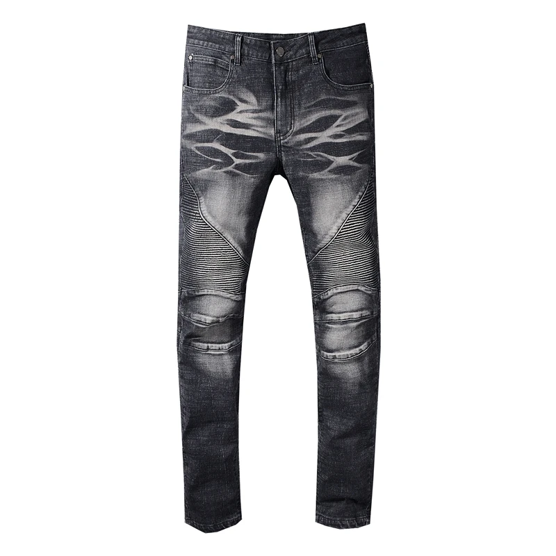 

New men's male trousers autumn and winter me's black unique wash knee folds slim-fit jeans motorcycle denim pants