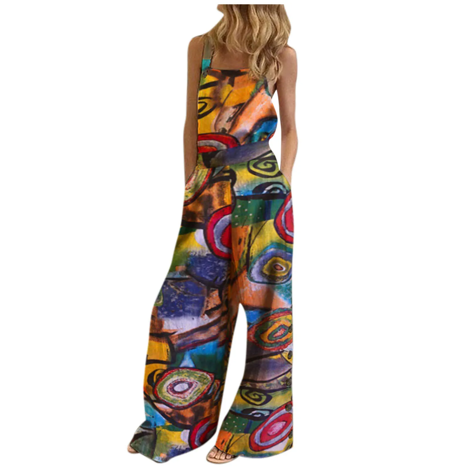 

Wide Leg Bib Pants Women's Sleeveless Overalls Jumpsuit Casual Floral Print Summer Backless Playsuit Romper Harajuku Overalls