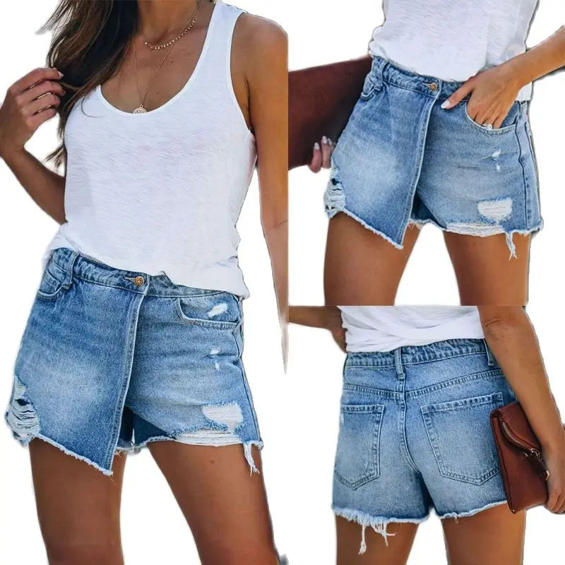 

2021 New Summer Women Casual Light Blue Hole Jeans Denim Shorts Feminino