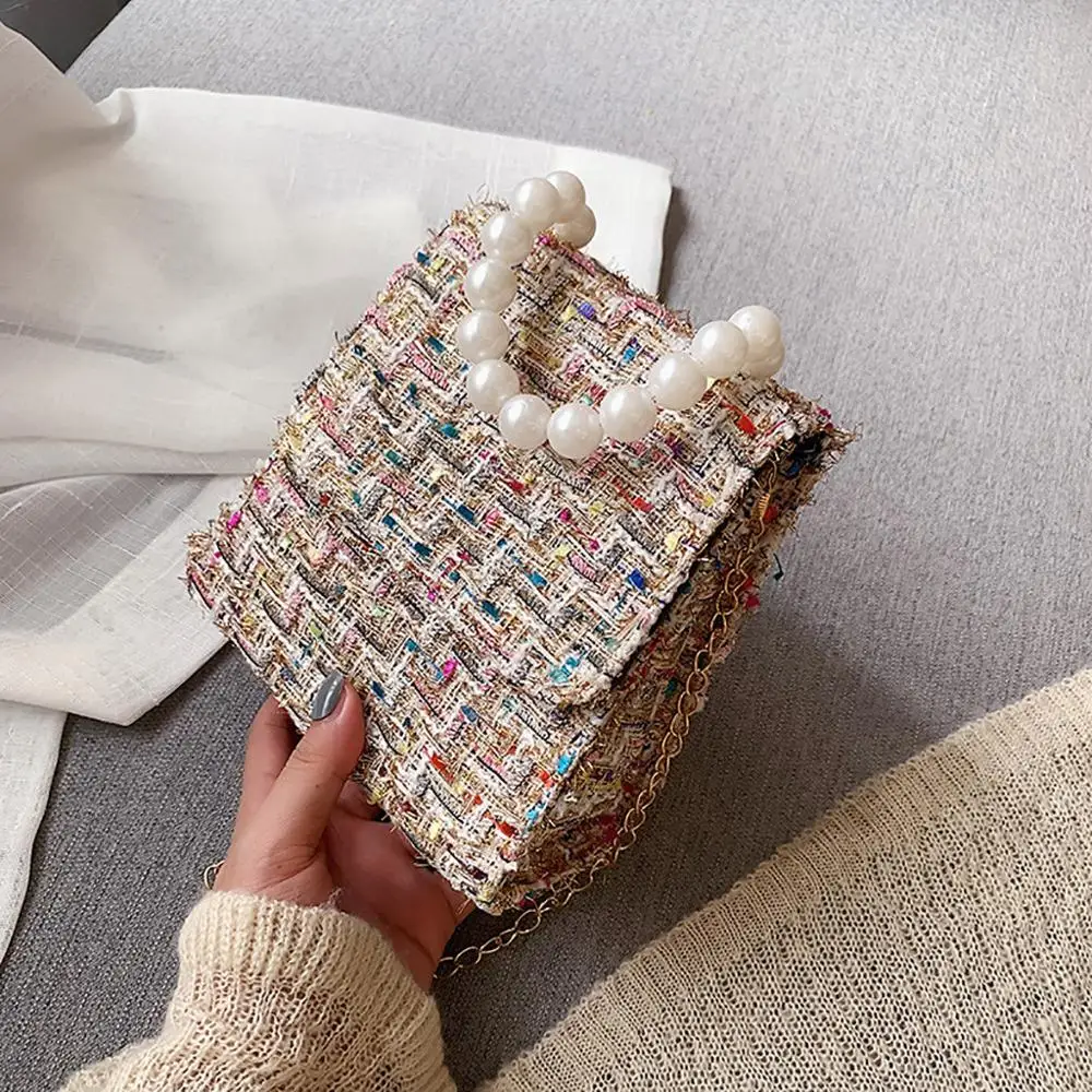 Ретро клетчатая жемчужная сумка через плечо для женщин модная шерстяная