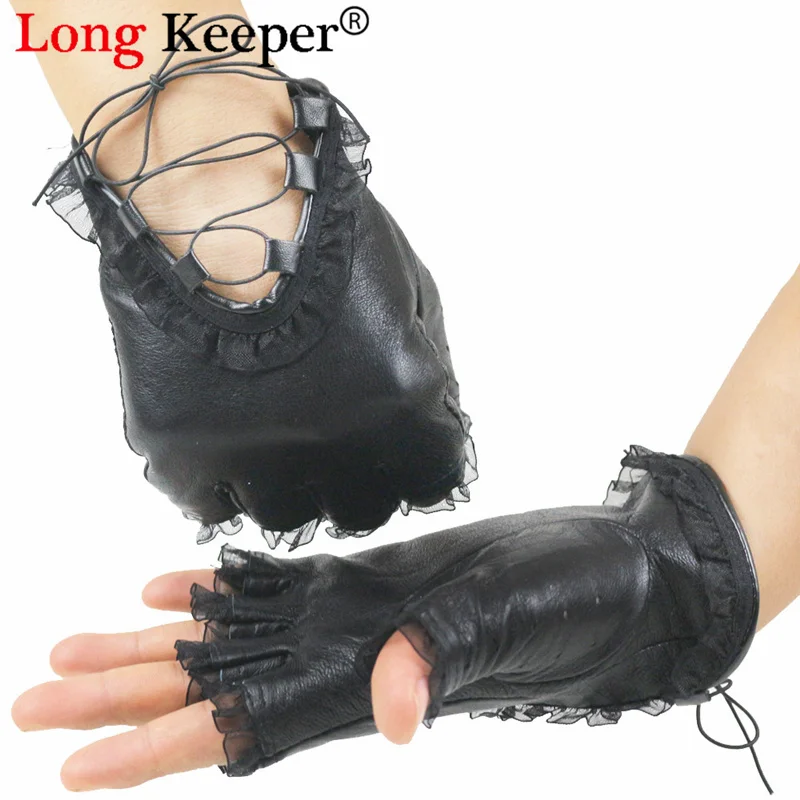

New Fashion Women Sexy Half Finger Gloves Black Color Hollow Out Cross Lace Up Bandage Mittens Dancing Party Mittens