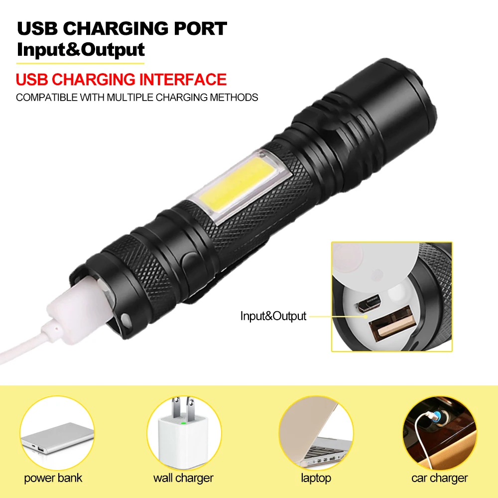 Светодиодный фонарик со встроенным аккумулятором 1505 XHP50 COB 1200LM USB перезаряжаемая