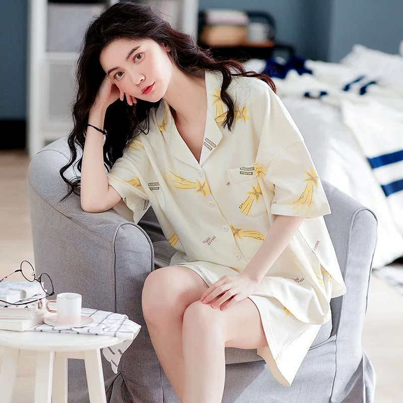 

Print Cartoon Pyjamas Intimate Lingerie Homewear Sleep Set Women Nightwear Pajamas Suit Cotton Home Clothing Sleepwear Nightgown