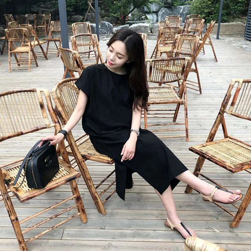 Летнее женское платье в Корейском стиле свободное черное с коротким рукавом