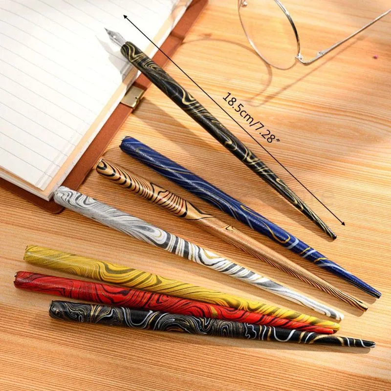 

OOTDTY Marble Wood Manga Calligraphy Dip Pen Holder with 6 Nibs for Lettering Skiching