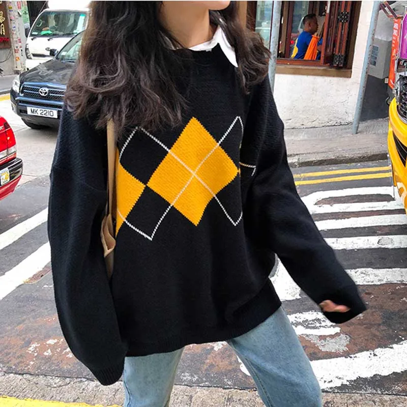 

Korean College Style Autumn Winter Geometric Pattern Argyle Pullovers Loose Oversized O-Neck Knitted Sweaters Woman Jumper Mujer