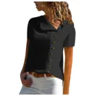 Однотонные женские блузки на пуговицах, Повседневная Блузка с коротким рукавом и V-образным вырезом для девушек, повседневные свободные уличные Модные Винтажные летние женские топы